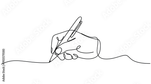 A continuous line drawing of a hand holding and using a pen