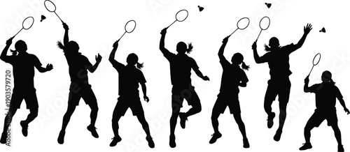 Set of black silhouettes showing professional badminton players in various action poses like jumping smashing and serving isolated on white background for sports design