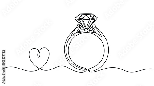 Elegant diamond ring with a continuous line heart illustration