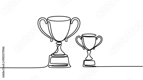 Continuous line drawing of two golden trophies representing success and achievement