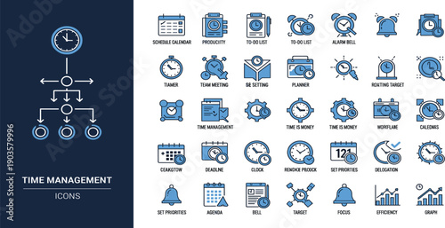 Time Management and Productivity Icon Set with Scheduling, Planning, Deadlines, Focus, Efficiency, and Workflow Symbols for Business, Web, and App Design