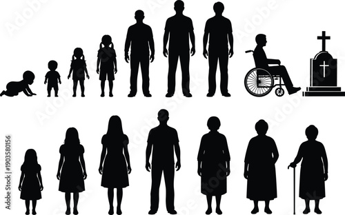 Set of black silhouettes of human life cycle stages from baby to old age and death including men women and children isolated on white background(25 words)