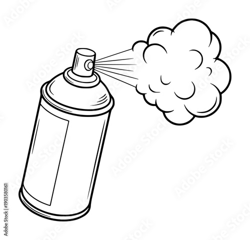 Black and white spray paint can emitting a cloud of aerosol a white background