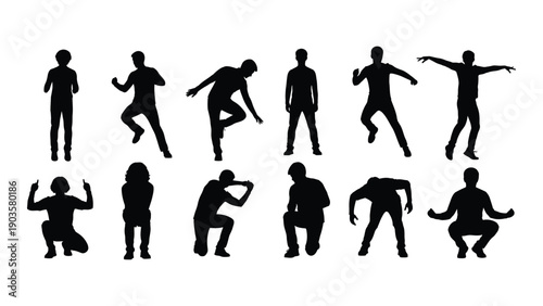 Silhouettes of people performing various dance moves and poses Vector