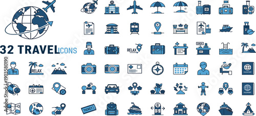 Travel and Tourism Line Icon Set with Transportation, Vacation, Navigation, Luggage, Accommodation, and Global Destination Symbols for Web, App, and UI Design