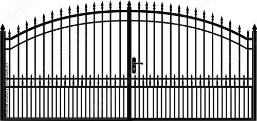 Black silhouette of classic wrought iron gate with vertical bars and decorative spikes isolated on white background for home security and architecture concept (22 words)