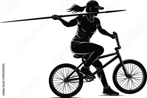 Black silhouette of female athlete woman in cap riding bicycle and holding javelin spear isolated on white background for creative sports concept(22 words)