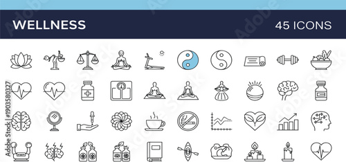 Wellness and Health Line Icon Set with Yoga, Meditation, Fitness, Mental Health, Nutrition, Balance, and Self Care Symbols for Lifestyle Design
