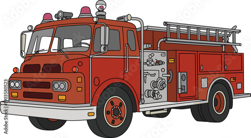 Fire truck illustration, emergency vehicle, firefighting equipment, ladder, hoses, valves, emergency lights, rescue transport, safety design, cad drawing flat vector illustration