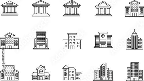 Outline building icons vector set with museum government office hospital residential and city architecture line symbols
