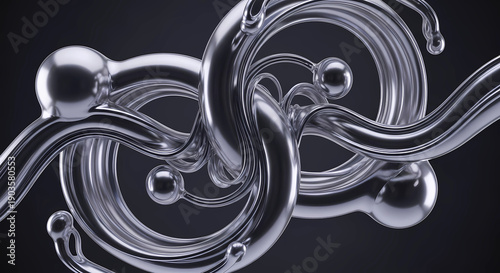 Abstract 3D renders imitating the shapes of liquid metal or mercury. Flowing amorphous chrome forms a futuristic element of contemporary design