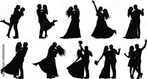 Set of black silhouettes of wedding couples bride and groom dancing and embracing in love isolated on white background for marriage concept (22 words)