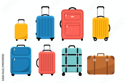 Collection of colorful flat travel suitcases and luggage white background baggage