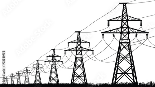 High voltage transmission towers, electricity pylons, power lines, energy infrastructure, grid distribution, engineering design, perspective depth, cad drawing flat vector illustration