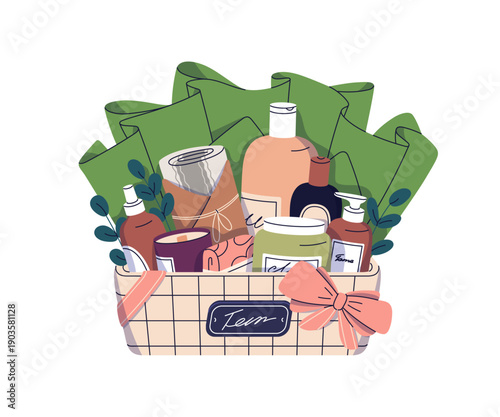 Gift basket with cosmetic products, spa and beauty care. Present box with sha...