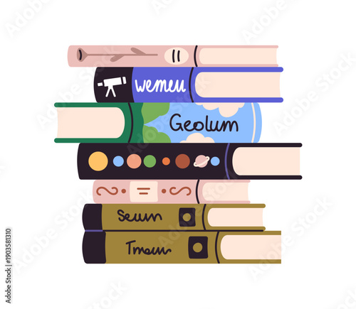 Book stack for reading and study. Fiction and nonfiction volumes, novels, encyclopedias lying. Cover spines. Education and science literature. Flat vector illustration isolated on white background