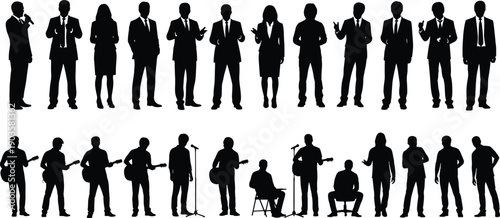 A large collection of black vector silhouettes featuring business people in formal suits and musicians playing guitars and singing against a white background.