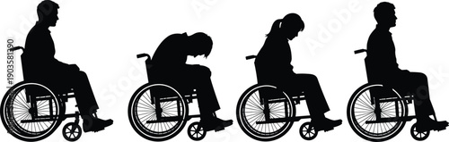 Vector illustration of black silhouettes showing four disabled people sitting in wheelchairs including men and a woman isolated on a plain white background.