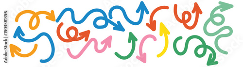 Vector Hand Drawn Line Arrows Set. Abstract Color Sketch Arrows. Doodle Curve Line Marker Elements.