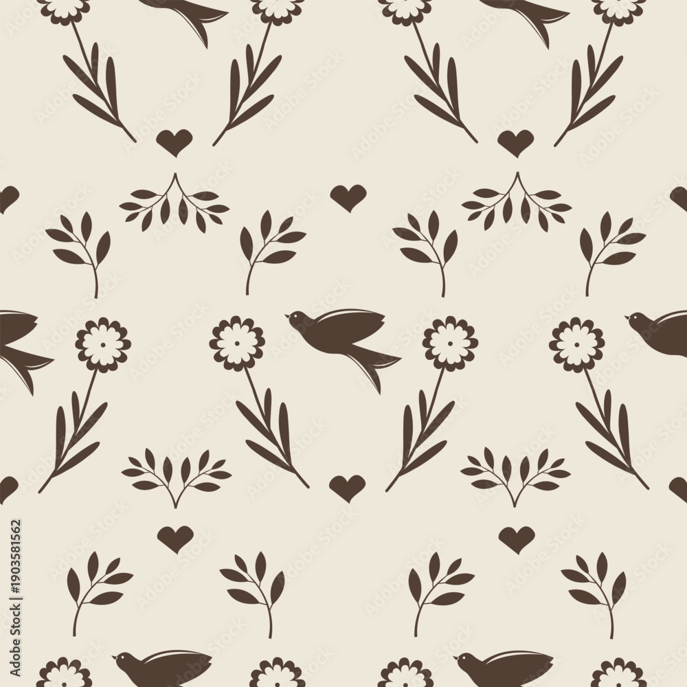 Obraz premium Seamless minimal folk pattern with birds, floral motifs and hearts in warm neutral tones for nursery and Scandinavian decor. Minimal brown pattern for luxury textiles.