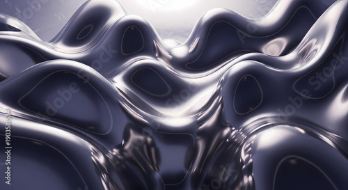 Abstract 3D renders imitating the shapes of liquid metal or mercury. Flowing amorphous chrome forms a futuristic element of contemporary design