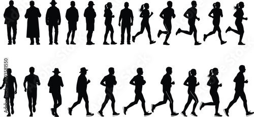 Diverse Silhouette Set of People Jogging and Running Featuring Men and Women in Active Motion for Fitness Wellness Health and Competitive Athletic Sports Concepts
