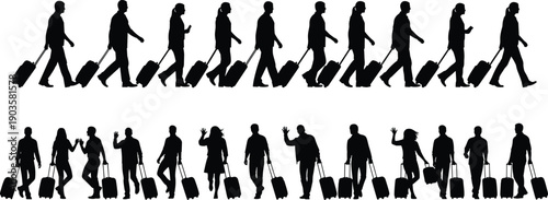 Diverse Silhouette Collection Featuring Travelers with Rolling Luggage Parents with Baby Strollers and People Taking Selfies Representing Modern Lifestyle Mobility Social Media and Family Connectivity