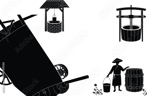 Traditional water wells, rural cart, conical hat figure, bucket barrel, agricultural silhouette, cultural heritage, farming tools, village life, cad drawing flat vector illustration