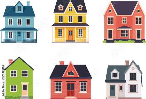 colorful cartoon suburban houses collection flat vector illustration residential home buildings modern architecture exterior design isolated set pack,
