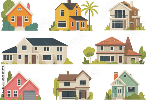 houses, homes, collection, vector, flat, illustration, residential, buildings, architecture, neighborhood, cartoon, colorful, modern, minimal, exterior, city, design, realestate, property, set