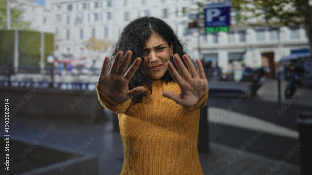 Fototapeta premium Young arab brunette woman clutching chest for heartattack on busy city street wearing mustard sweater and visible hand piercings; emotional distress compassion.