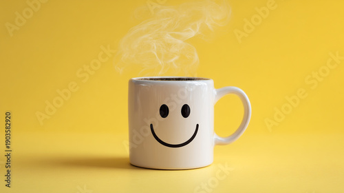 A white coffee mug with a smiley face on a yellow background