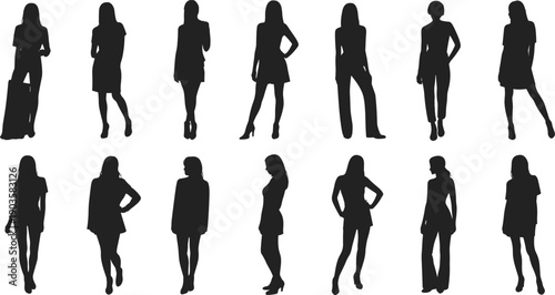 Collection of female silhouette figures in casual and stylish standing poses, women body shapes and fashion styles isolated on white background