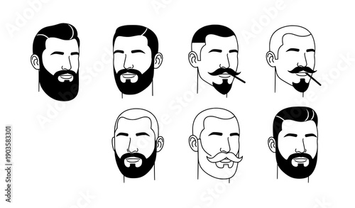 Minimal outline beard and mustache styles black men grooming vector set