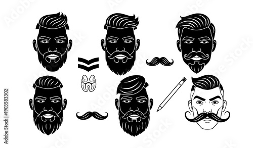 Modern barber beard and mustache fashion template black male vector illustration