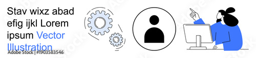 Digital tools, teamwork, user interface, identity, workflow, innovation. Gears, person icon and worker using PC. Digital tools and identity concepts with equipment and interaction