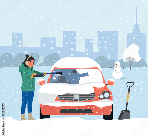 Woman Scraping Ice from Car Windshield in Winter, Snowy Weather Vehicle Preparation. Vector cartoon flat style illustration