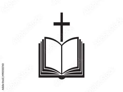 A black and white icon of an open book with a cross on top