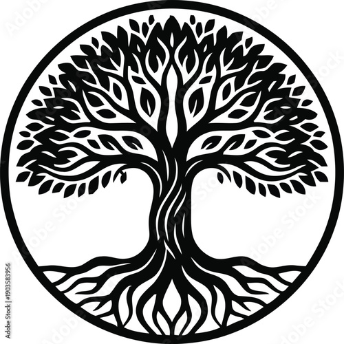 Black and white tree of life symbol with roots and branches.
