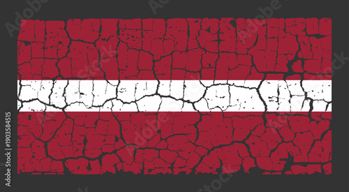 Illustration of the national flag of Latvia painted on a cracked wall. Grunge distressed style background with official Latvian carmine red and white colors.