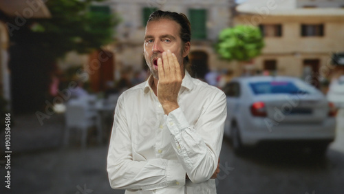 Man with long blond hair wearing white shirt holds hand to lips for silence in a sunlit street; hush.