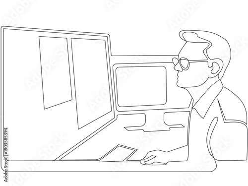 Man at Work in Office Environment, Creative Man Working at Desk, Hand drawn line style vector illustrations