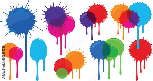 Paint Splatter and Drip Set Colorful liquid drip and blot ink splash vector