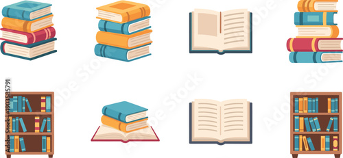  book and library icon set bookshelf vector education and reading symbols 