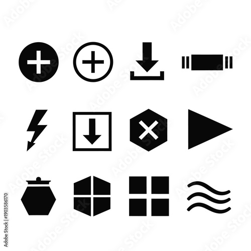 Collection of simple black icons on white background including symbols for addition, download, battery, and navigation on a simple and clean visual representation
