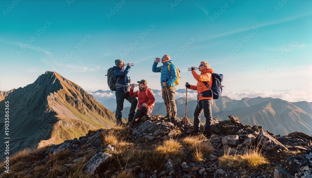 Obraz premium Four Hikers Hydrating on a Mountain Peak with Panoramic Views