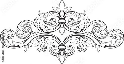 Intricate black and white decorative swirl design with symmetrical patterns