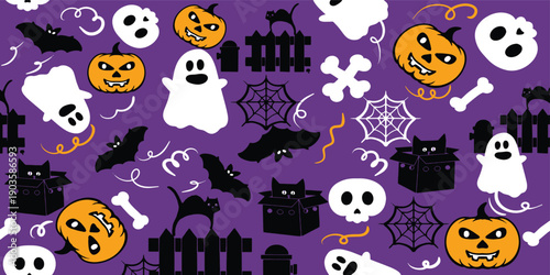 Cartoon Halloween Pattern Illustration Featuring Cute Bat Cat Ghost Pumpkin