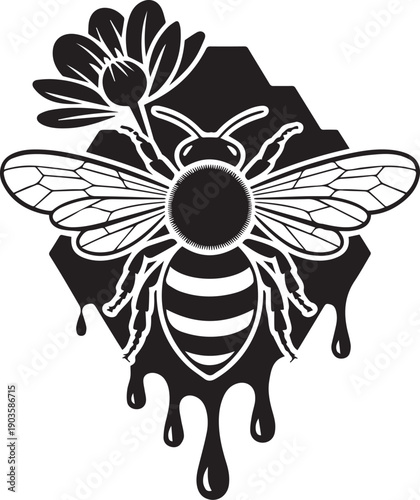 Bee Floral Emblem Vector Set, Honey Bee Silhouettes with Flowers and Botanical Frames
