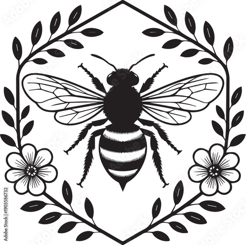 Bee Floral Emblem Vector Set, Honey Bee Silhouettes with Flowers and Botanical Frames
